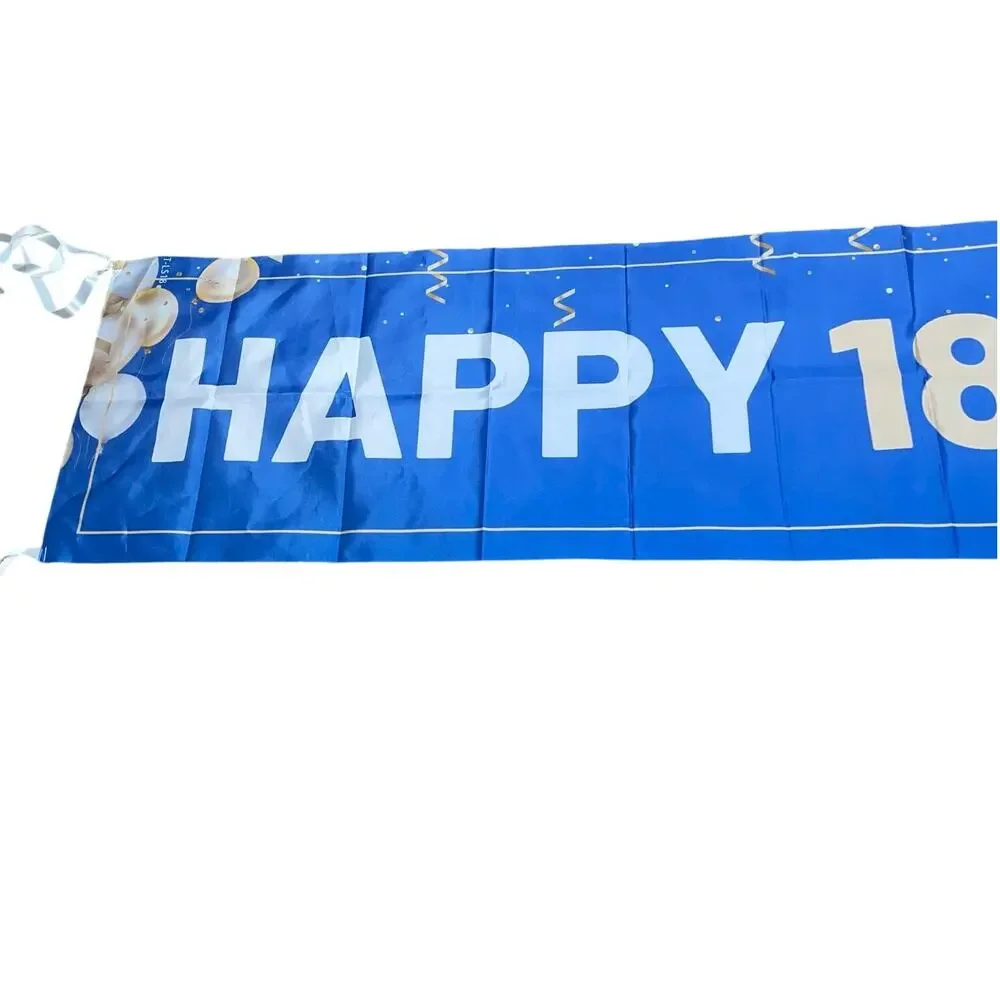 Happy 18th Birthday Banner Blue Gold Wall Flag Ribbon Party Backdrop 9.5ft Sign